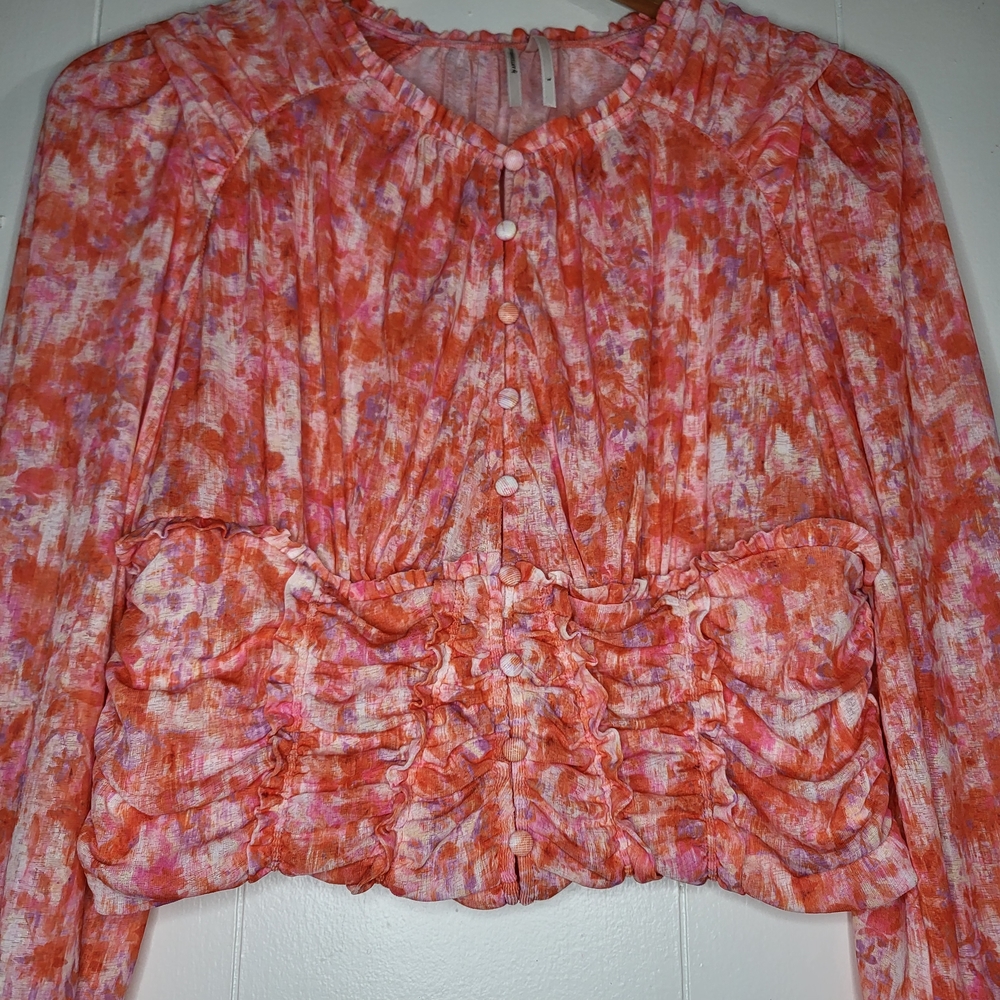 Anthropologie Pink and Orange Abstract Button-Front Blouse - Picture 2 of 12